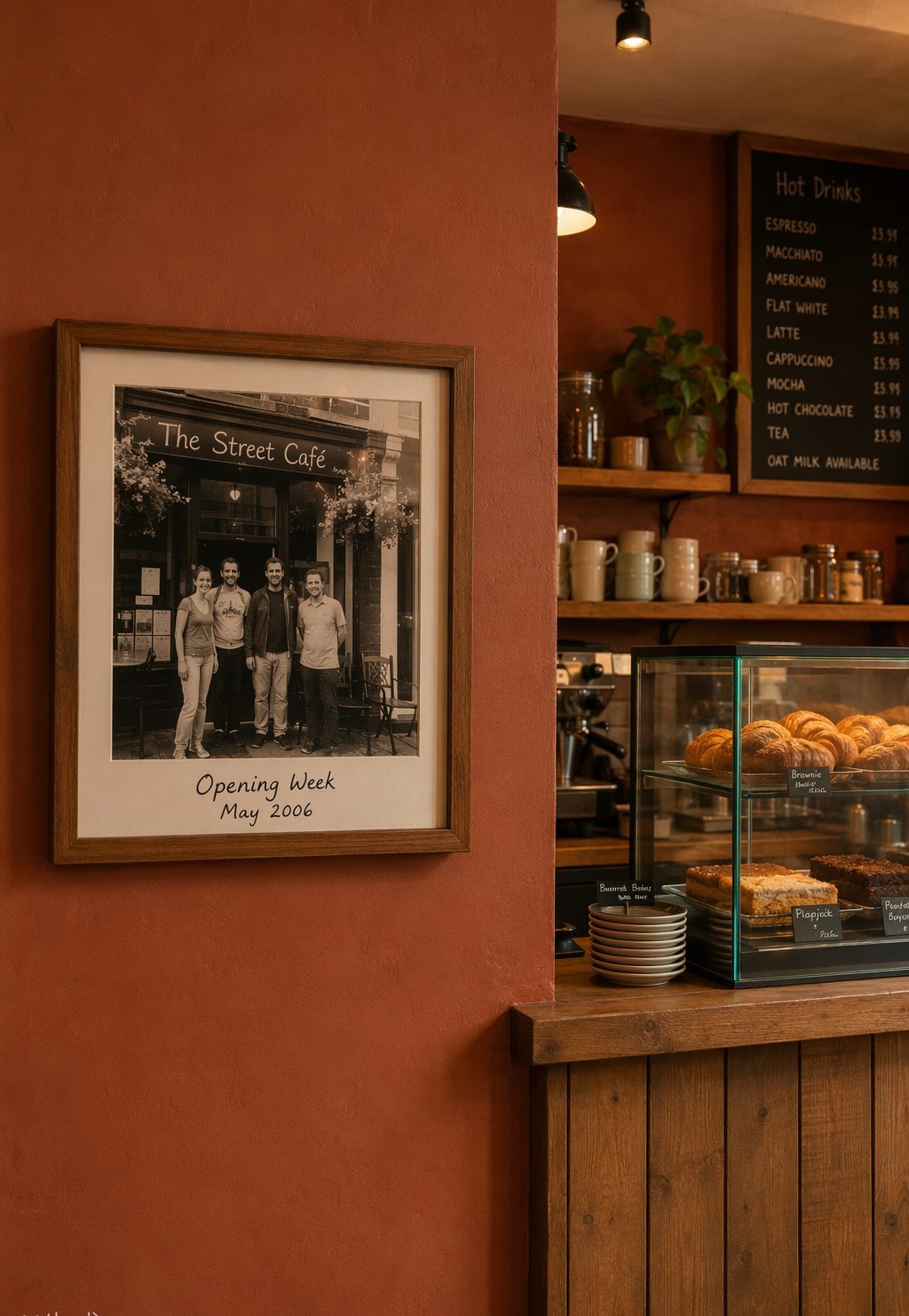 A framed early photograph from the café's 2006 opening week hanging beside today's counter — same frontage, two decades apart