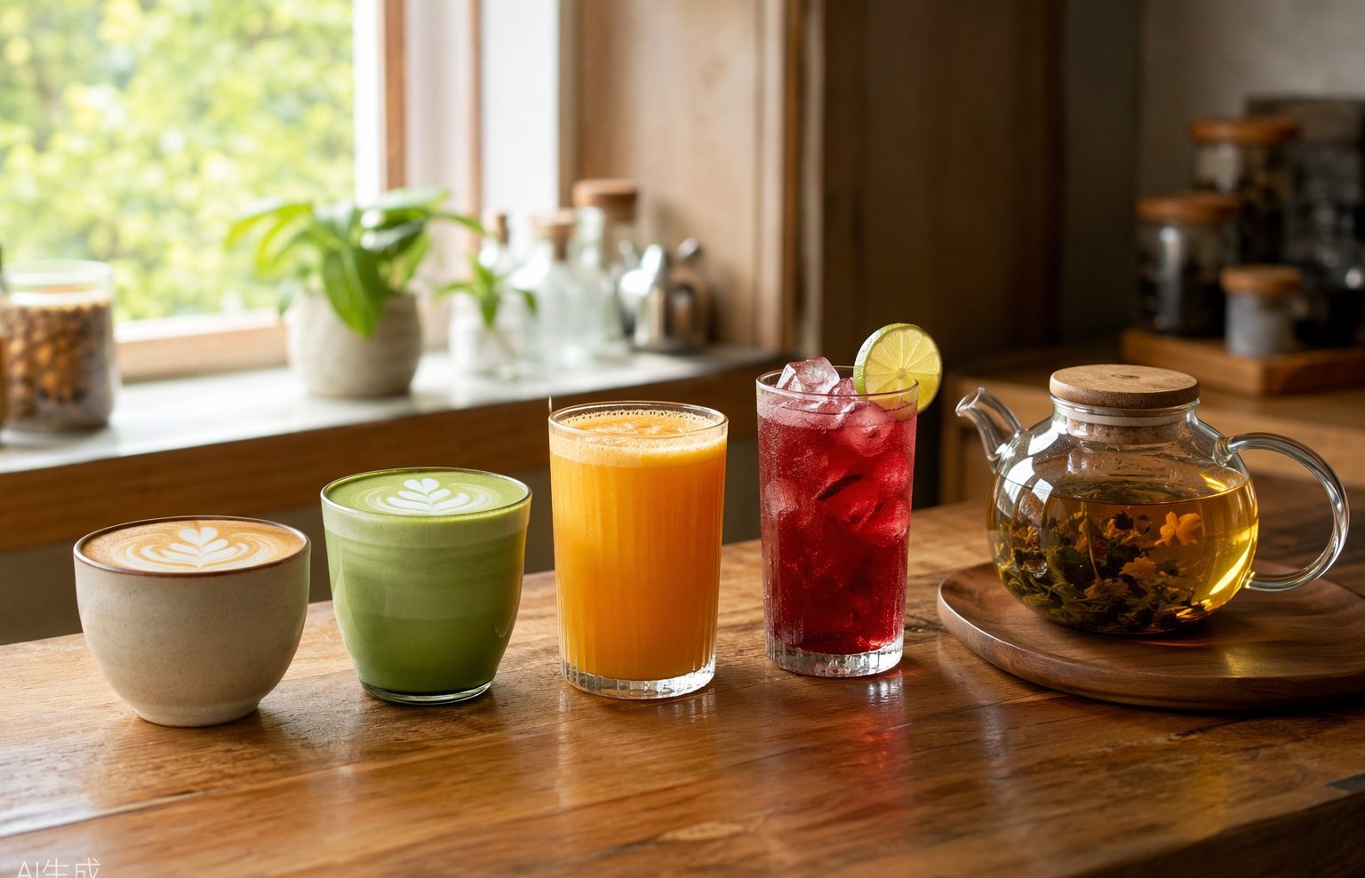 Fresh-pressed juices, house coolers and specialty coffee lined up on the counter