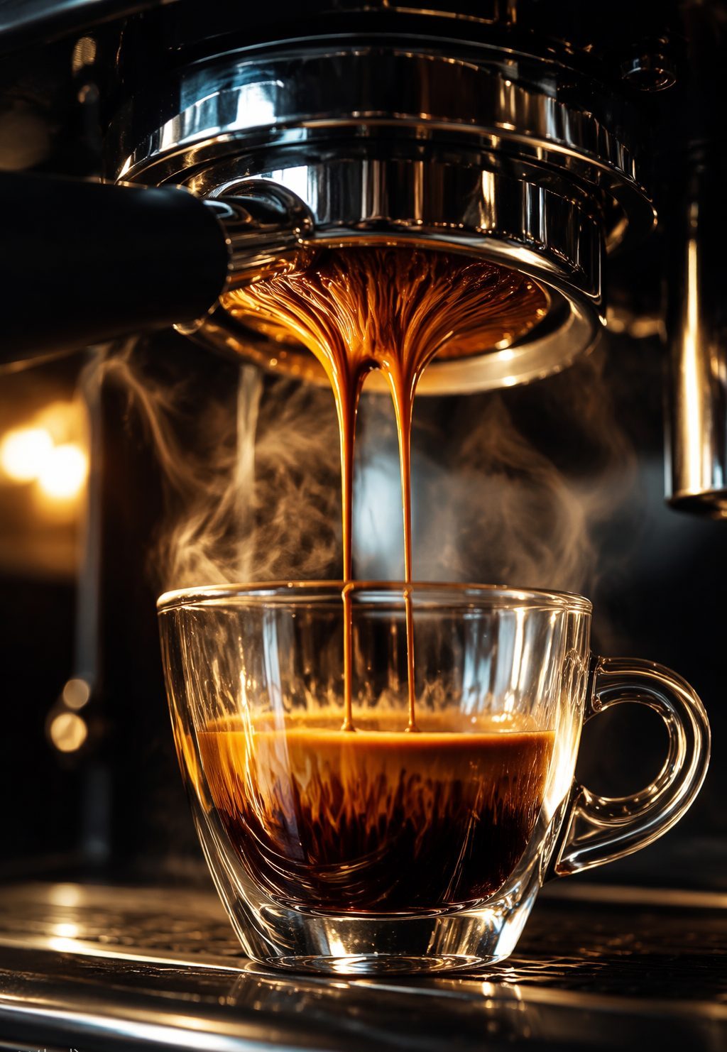 Espresso extracting from a bottomless portafilter into a glass, tiger-stripe crema settling