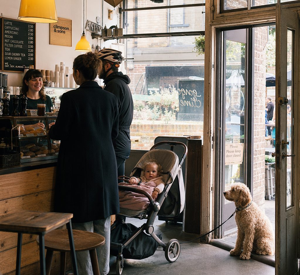 Weekend counter scene — parents with a pushchair and a cyclist ordering, a dog waiting patiently outside