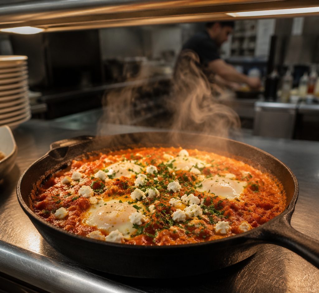 Shakshuka bubbling in the pan on the pass, steam rising under kitchen lights