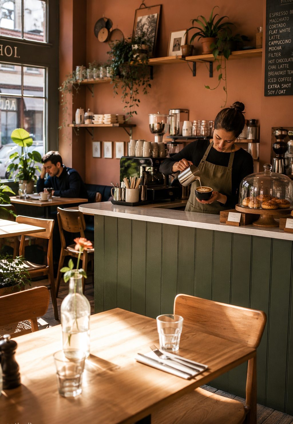 Warm morning service inside the SBR Enterprises café — sunlight across wooden tables as a barista pours latte art at the counter