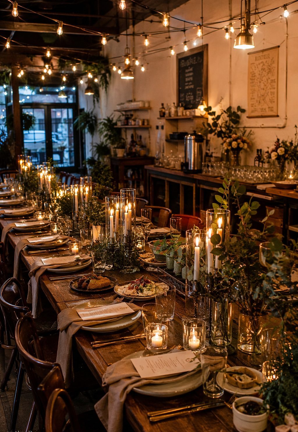 Evening private hire setup — long table with candles, sharing platters and festoon lights