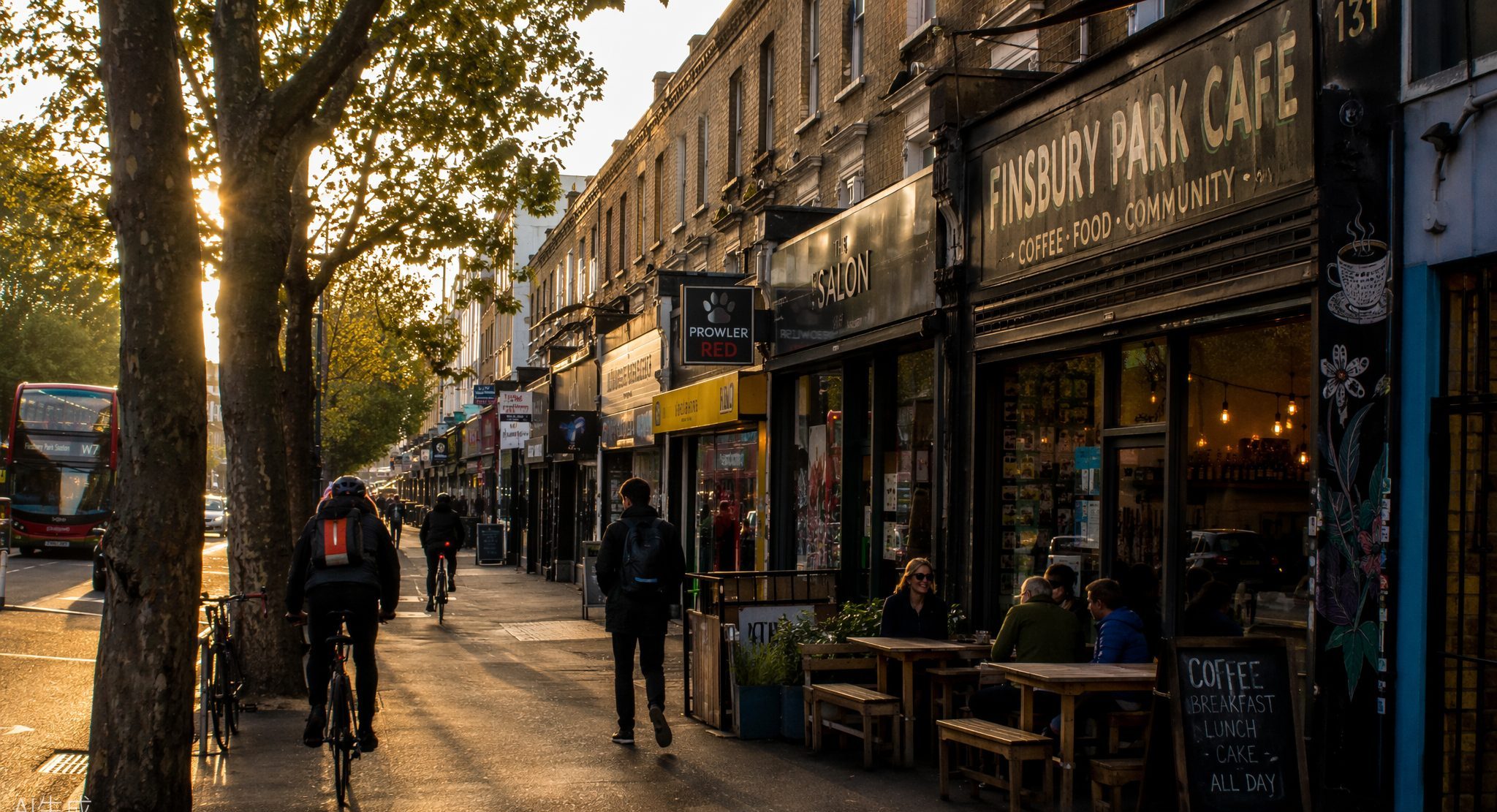 The café's North London street at golden hour — independent shopfront, plane trees, cyclists and commuters on Finsbury Park Road